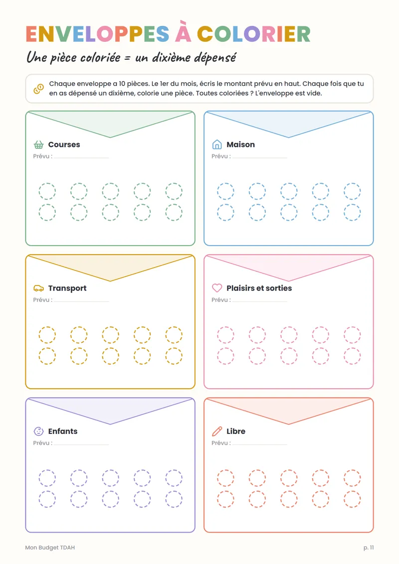 Page « Enveloppes à colorier » : une pièce coloriée à chaque dépense