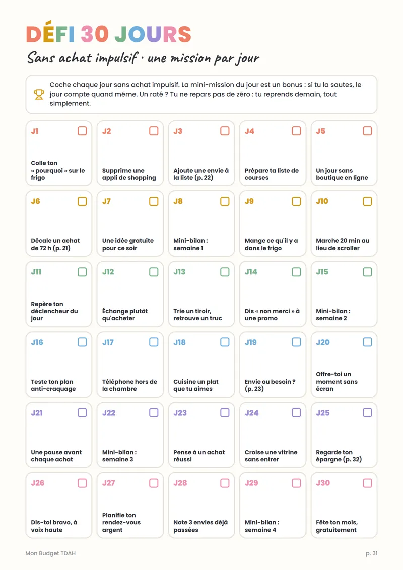 Page « Défi 30 jours sans achat impulsif »